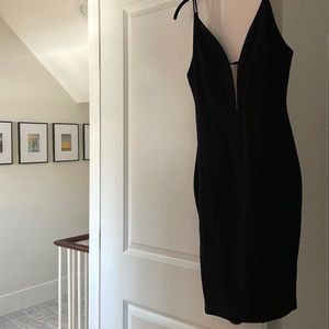 NWT: black v neck midi dress with nude mesh neck line
